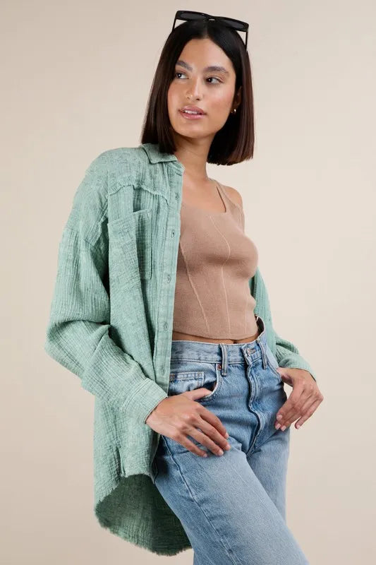 VERY J Mineral Washed Gauze Button Down Shirt-Womens Outerwear/Shacket-Trendsi-[option4]-[option5]-[option6]-[option7]-[option8]-Shop-Boutique-Clothing-for-Women-Online