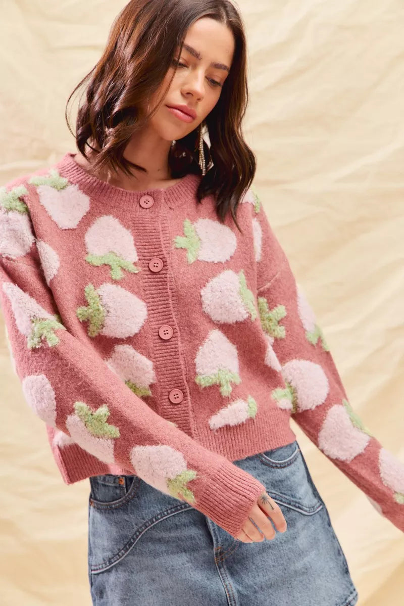 SO ME Strawberry Fruit All Over Button Sweater Cardigan-Cardigan-Trendsi-[option4]-[option5]-[option6]-[option7]-[option8]-Shop-Boutique-Clothing-for-Women-Online