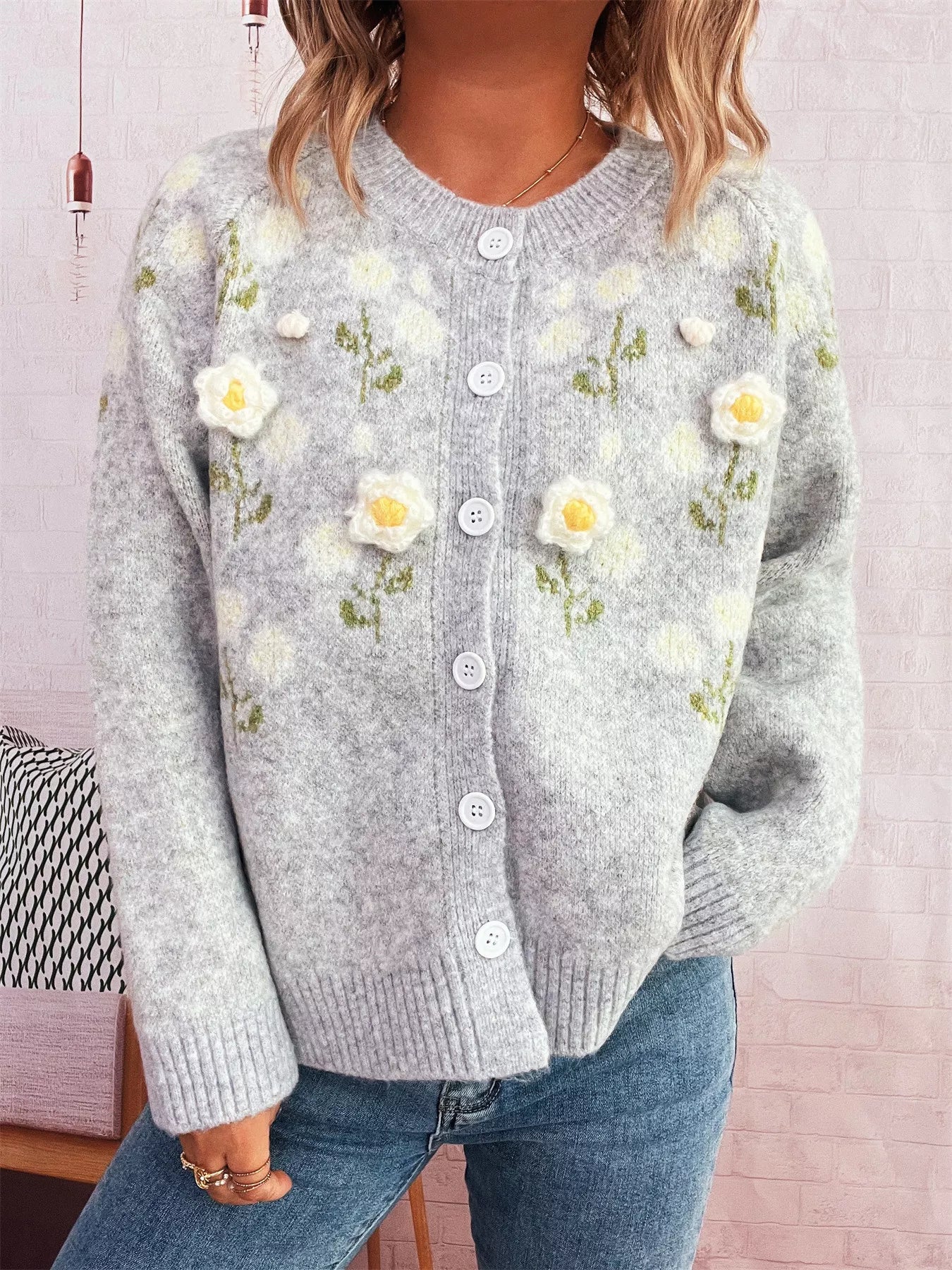 Flower Button Up Long Sleeve Cardigan-Cardigan-Trendsi-[option4]-[option5]-[option6]-[option7]-[option8]-Shop-Boutique-Clothing-for-Women-Online