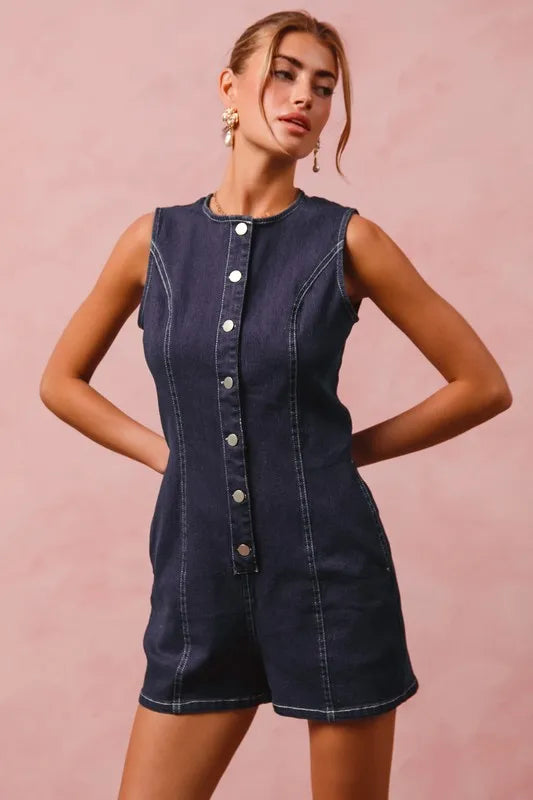 SO ME Button Up Front Washed Denim Sleeveless Romper-Rompers-Trendsi-[option4]-[option5]-[option6]-[option7]-[option8]-Shop-Boutique-Clothing-for-Women-Online