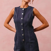 SO ME Button Up Front Washed Denim Sleeveless Romper-Rompers-Trendsi-[option4]-[option5]-[option6]-[option7]-[option8]-Shop-Boutique-Clothing-for-Women-Online