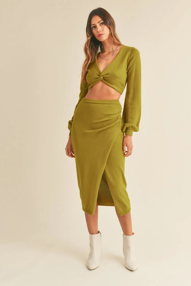 MABLE Front Twisted Knit Top and Midi Skirt Set-two piece set-Trendsi-Moss Green-S-[option4]-[option5]-[option6]-[option7]-[option8]-Shop-Boutique-Clothing-for-Women-Online