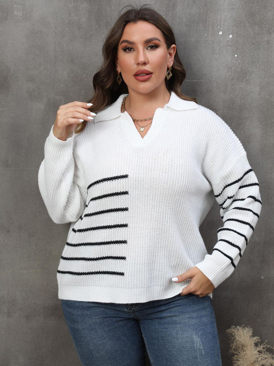 Plus Size Striped V-Neck Sweater-Sweaters-Trendsi-White-0XL-[option4]-[option5]-[option6]-[option7]-[option8]-Shop-Boutique-Clothing-for-Women-Online