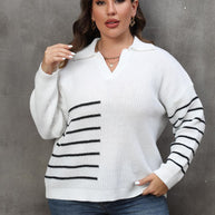 Plus Size Striped V-Neck Sweater-Sweaters-Trendsi-White-0XL-[option4]-[option5]-[option6]-[option7]-[option8]-Shop-Boutique-Clothing-for-Women-Online