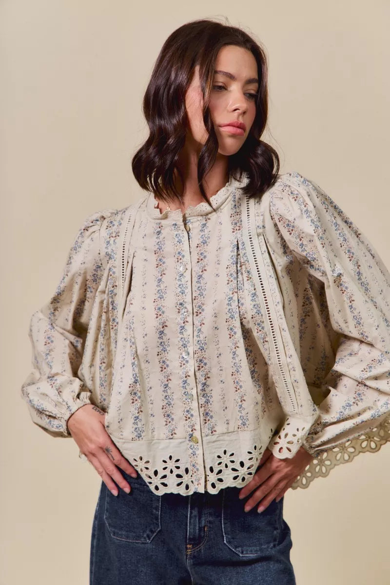 SO ME Floral Print Lace Button Down Shirt-Blouses-Trendsi-[option4]-[option5]-[option6]-[option7]-[option8]-Shop-Boutique-Clothing-for-Women-Online