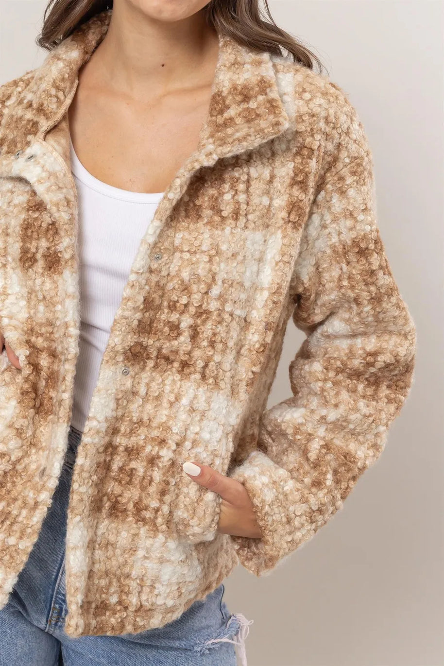 HYFVE Plaid Collared Neck Boucle Jacket with Pockets-Jacket-Trendsi-[option4]-[option5]-[option6]-[option7]-[option8]-Shop-Boutique-Clothing-for-Women-Online