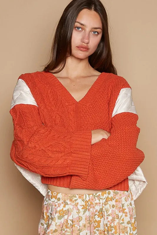 POL Cable Knit Quilting Patch V-Neck Contrast Sweater-Sweaters-Trendsi-[option4]-[option5]-[option6]-[option7]-[option8]-Shop-Boutique-Clothing-for-Women-Online