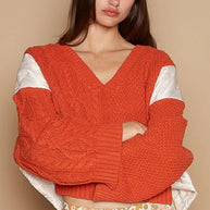 POL Cable Knit Quilting Patch V-Neck Contrast Sweater-Sweaters-Trendsi-[option4]-[option5]-[option6]-[option7]-[option8]-Shop-Boutique-Clothing-for-Women-Online