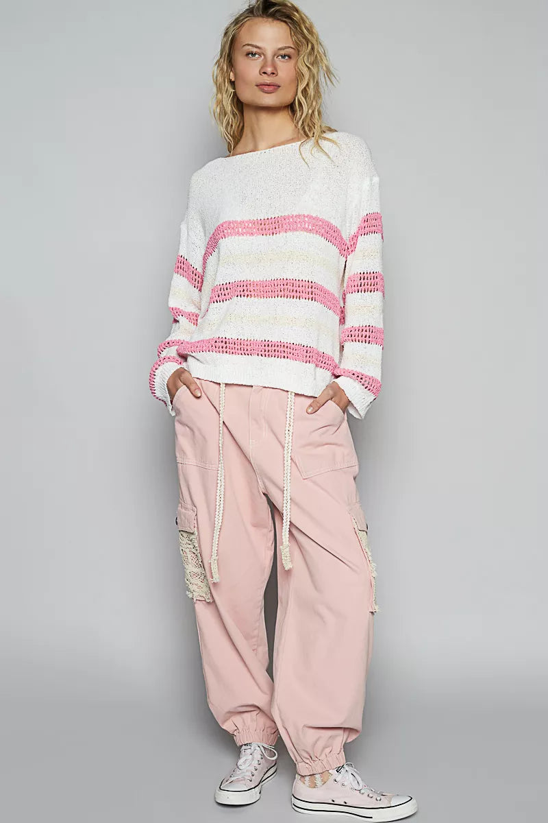 POL Striped Openwork Round Neck Knit Top-knit top-Trendsi-[option4]-[option5]-[option6]-[option7]-[option8]-Shop-Boutique-Clothing-for-Women-Online
