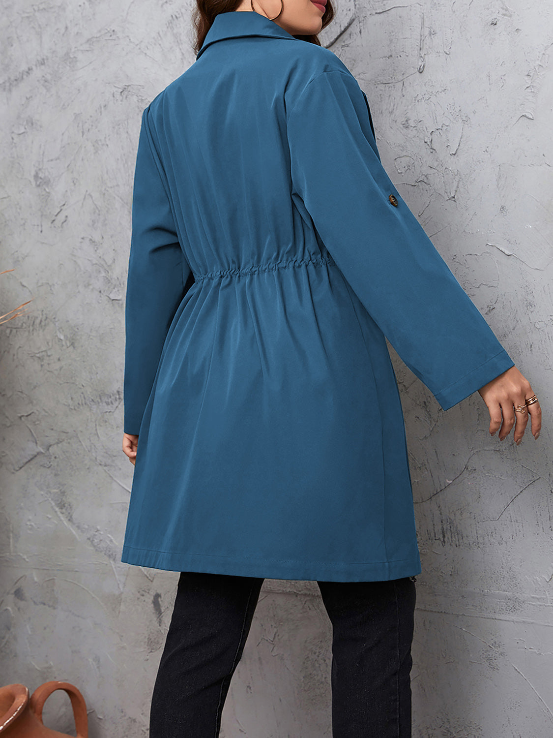 Honey Plus Size Lapel Collar Drawstring Roll-Tab Sleeve Trench Coat-Coats & Jackets-Trendsi-[option4]-[option5]-[option6]-[option7]-[option8]-Shop-Boutique-Clothing-for-Women-Online