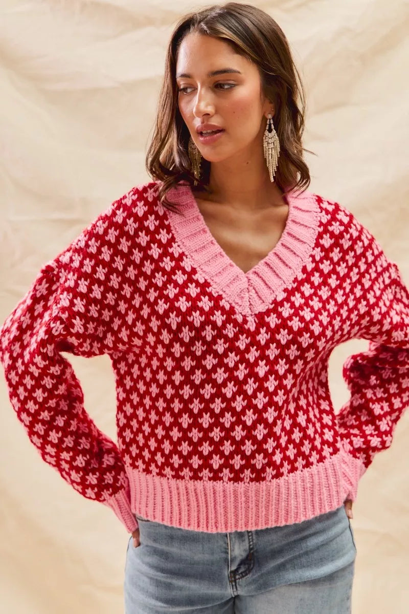 SO ME Color Block Textured Christmas Sweater V Neck Top-Sweaters-Trendsi-[option4]-[option5]-[option6]-[option7]-[option8]-Shop-Boutique-Clothing-for-Women-Online