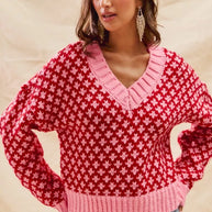 SO ME Color Block Textured Christmas Sweater V Neck Top-Sweaters-Trendsi-[option4]-[option5]-[option6]-[option7]-[option8]-Shop-Boutique-Clothing-for-Women-Online