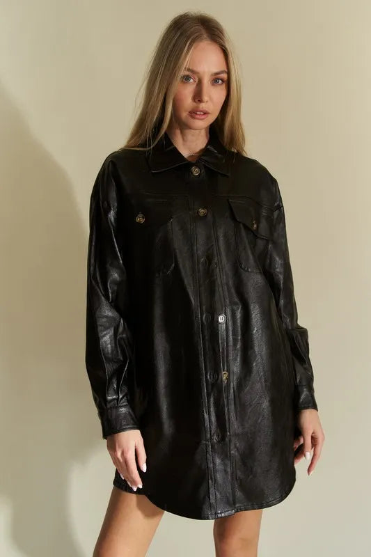 Davi & Dani Faux Leather Button Up Jacket with Chest Pockets-Jacket-Trendsi-[option4]-[option5]-[option6]-[option7]-[option8]-Shop-Boutique-Clothing-for-Women-Online