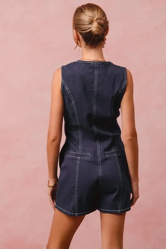 SO ME Button Up Front Washed Denim Sleeveless Romper-Rompers-Trendsi-[option4]-[option5]-[option6]-[option7]-[option8]-Shop-Boutique-Clothing-for-Women-Online