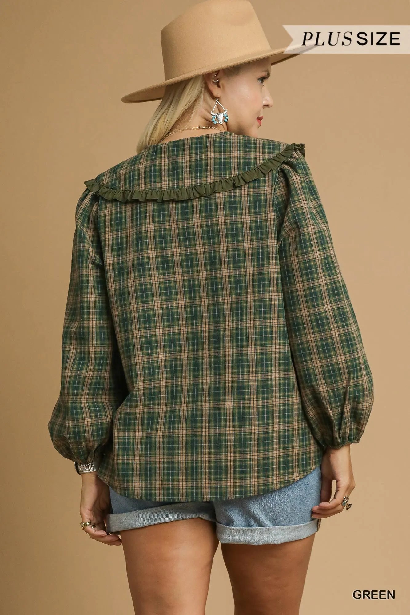Umgee Full Size Plaid Ruffle Collar Blouse-Blouses-Trendsi-[option4]-[option5]-[option6]-[option7]-[option8]-Shop-Boutique-Clothing-for-Women-Online