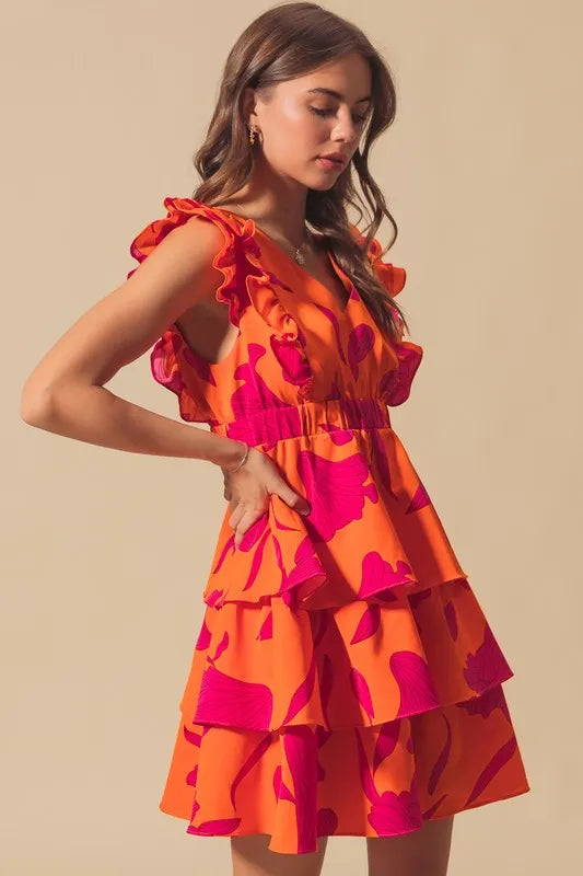 SO ME Floral V Neck Layered Dress with Elasticized Waist-Dresses-Trendsi-ORANGE/FUCHSIA-S-[option4]-[option5]-[option6]-[option7]-[option8]-Shop-Boutique-Clothing-for-Women-Online