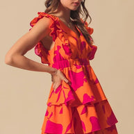 SO ME Floral V Neck Layered Dress with Elasticized Waist-Dresses-Trendsi-ORANGE/FUCHSIA-S-[option4]-[option5]-[option6]-[option7]-[option8]-Shop-Boutique-Clothing-for-Women-Online
