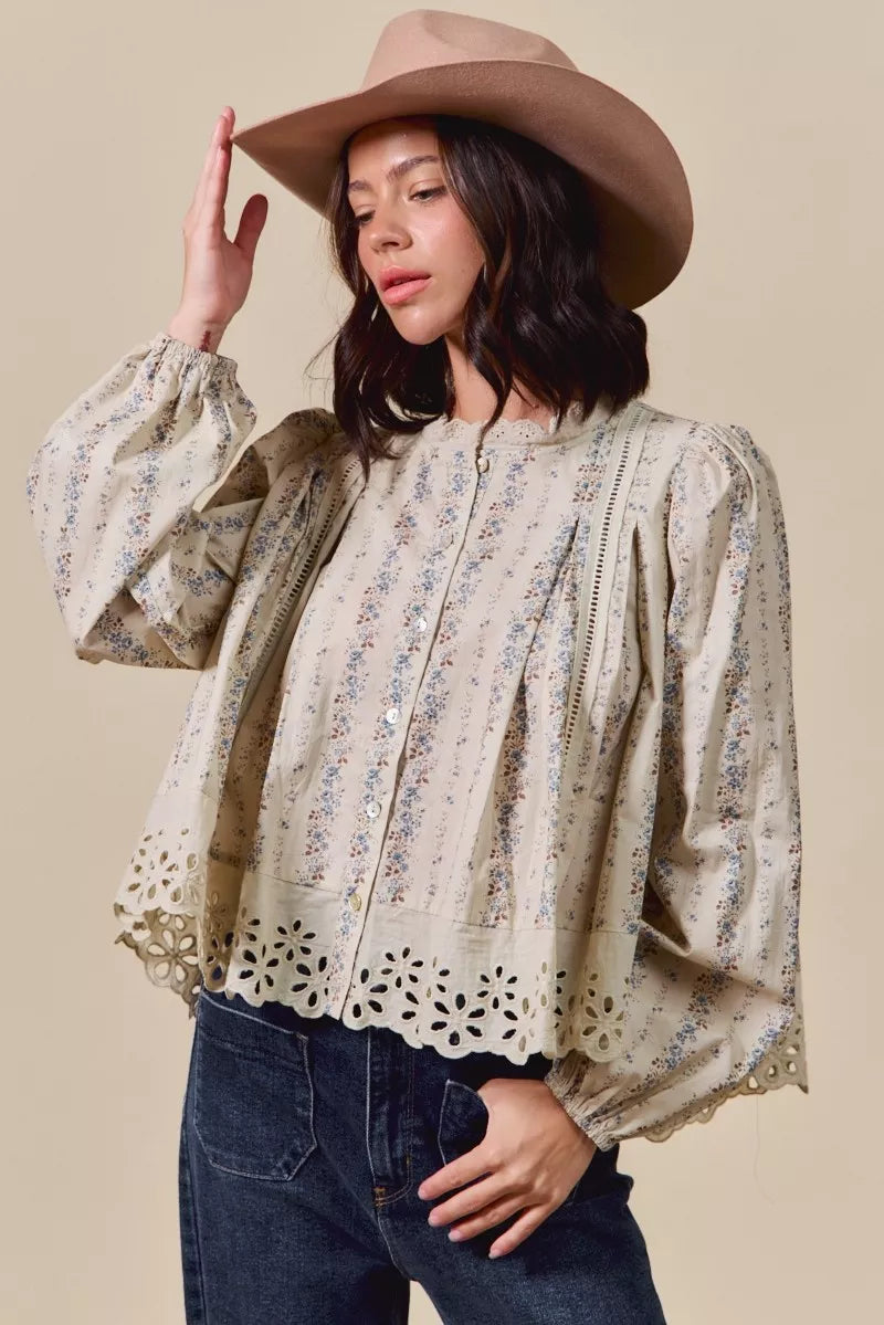 SO ME Floral Print Lace Button Down Shirt-Blouses-Trendsi-[option4]-[option5]-[option6]-[option7]-[option8]-Shop-Boutique-Clothing-for-Women-Online