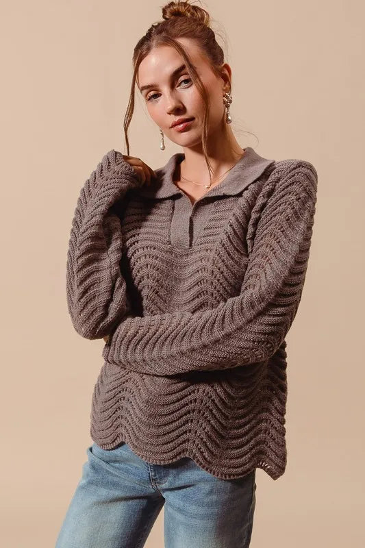 SO ME Notched Collar Wavy Texture Sweater Top-Sweaters-Trendsi-[option4]-[option5]-[option6]-[option7]-[option8]-Shop-Boutique-Clothing-for-Women-Online