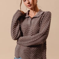 SO ME Notched Collar Wavy Texture Sweater Top-Sweaters-Trendsi-[option4]-[option5]-[option6]-[option7]-[option8]-Shop-Boutique-Clothing-for-Women-Online