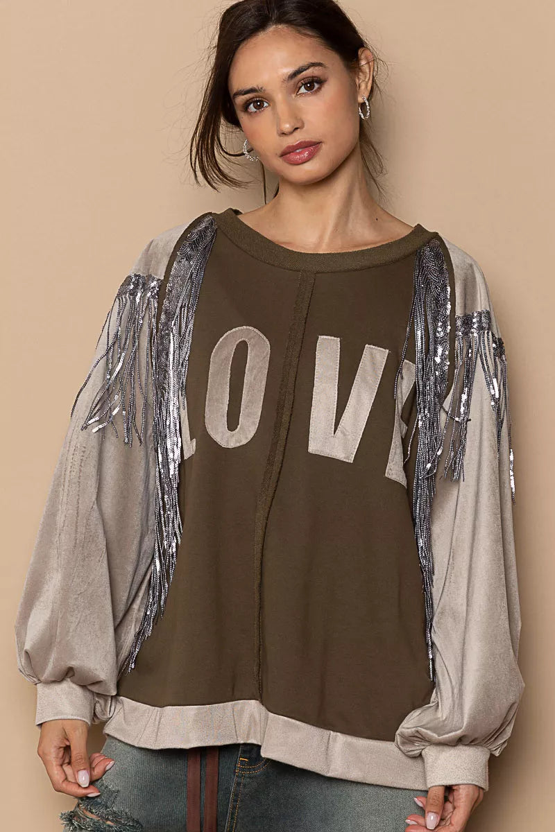 POL Balloon Sleeve French Terry Sweatshirt with Sequin Tassel-Sweatshirts-Trendsi-OLIVE/BEIGE-S-[option4]-[option5]-[option6]-[option7]-[option8]-Shop-Boutique-Clothing-for-Women-Online
