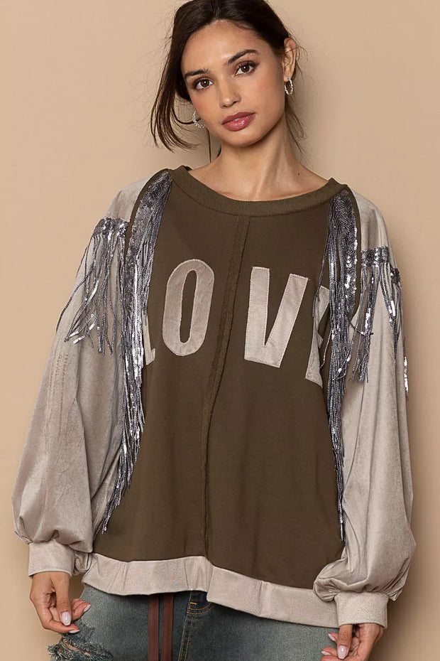 POL Balloon Sleeve French Terry Sweatshirt with Sequin Tassel-Sweatshirts-Trendsi-OLIVE/BEIGE-S-[option4]-[option5]-[option6]-[option7]-[option8]-Shop-Boutique-Clothing-for-Women-Online
