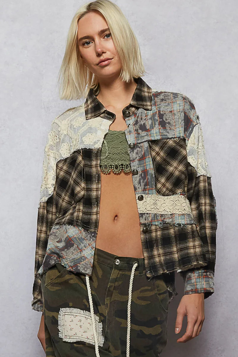 POL Lace Patchwork Plaid Oversized Shirt-Shirts-Trendsi-Black-S-[option4]-[option5]-[option6]-[option7]-[option8]-Shop-Boutique-Clothing-for-Women-Online