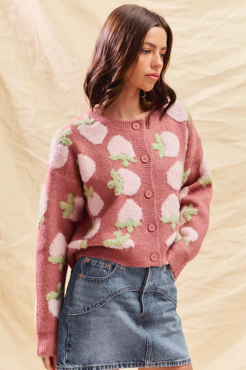 SO ME Strawberry Fruit All Over Button Sweater Cardigan-Cardigan-Trendsi-[option4]-[option5]-[option6]-[option7]-[option8]-Shop-Boutique-Clothing-for-Women-Online