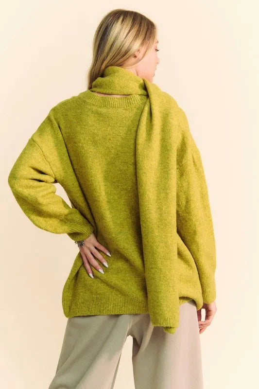 Davi & Dani V-Neck Dropped Shoulder Sweater with Scarf-Sweaters-Trendsi-[option4]-[option5]-[option6]-[option7]-[option8]-Shop-Boutique-Clothing-for-Women-Online