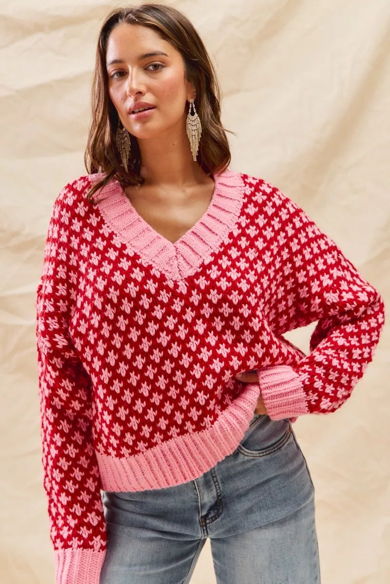 SO ME Color Block Textured Christmas Sweater V Neck Top-Sweaters-Trendsi-[option4]-[option5]-[option6]-[option7]-[option8]-Shop-Boutique-Clothing-for-Women-Online