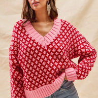 SO ME Color Block Textured Christmas Sweater V Neck Top-Sweaters-Trendsi-[option4]-[option5]-[option6]-[option7]-[option8]-Shop-Boutique-Clothing-for-Women-Online
