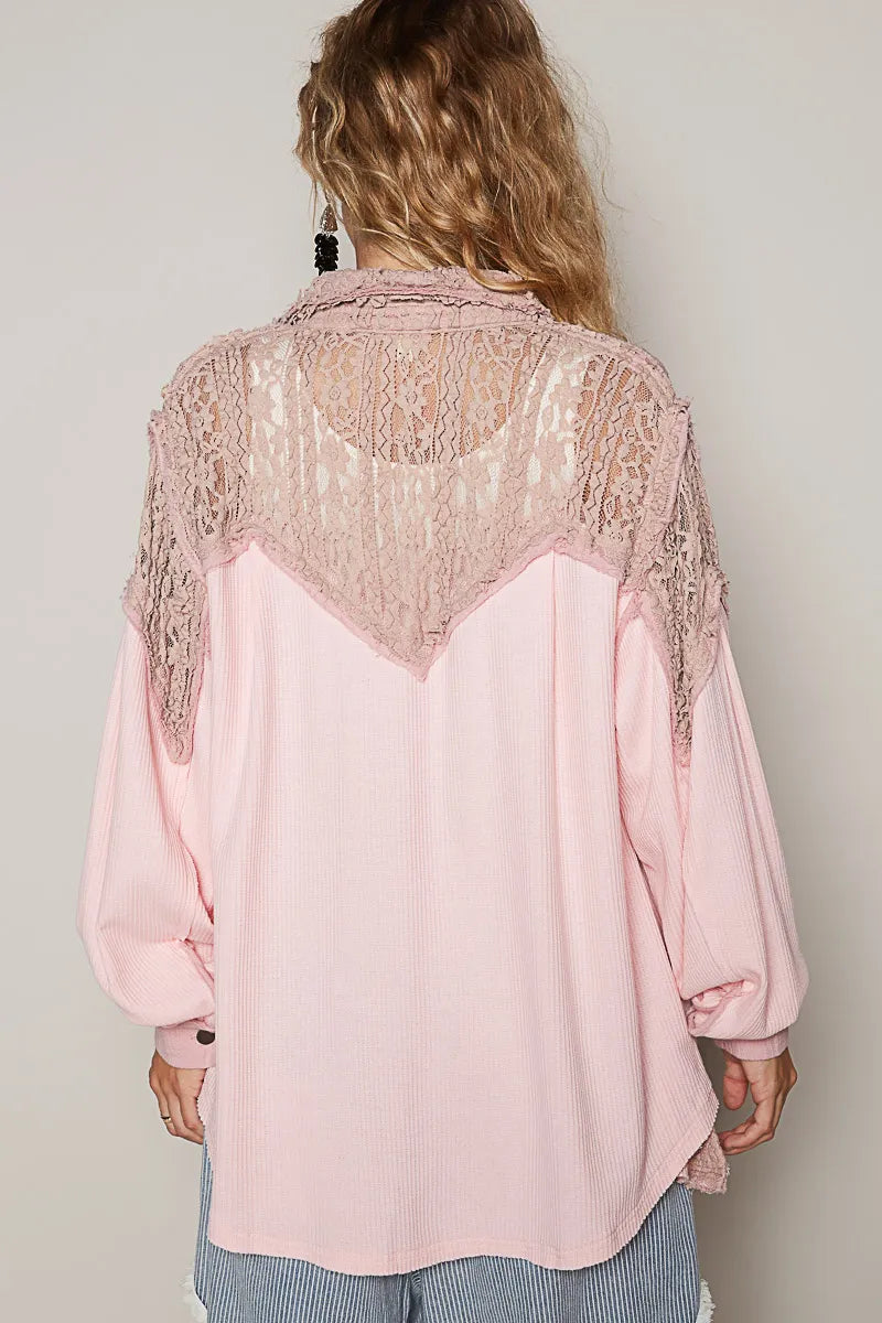 POL Lace Patchwork Button Up Shacket-Womens Outerwear/Shacket-Trendsi-[option4]-[option5]-[option6]-[option7]-[option8]-Shop-Boutique-Clothing-for-Women-Online