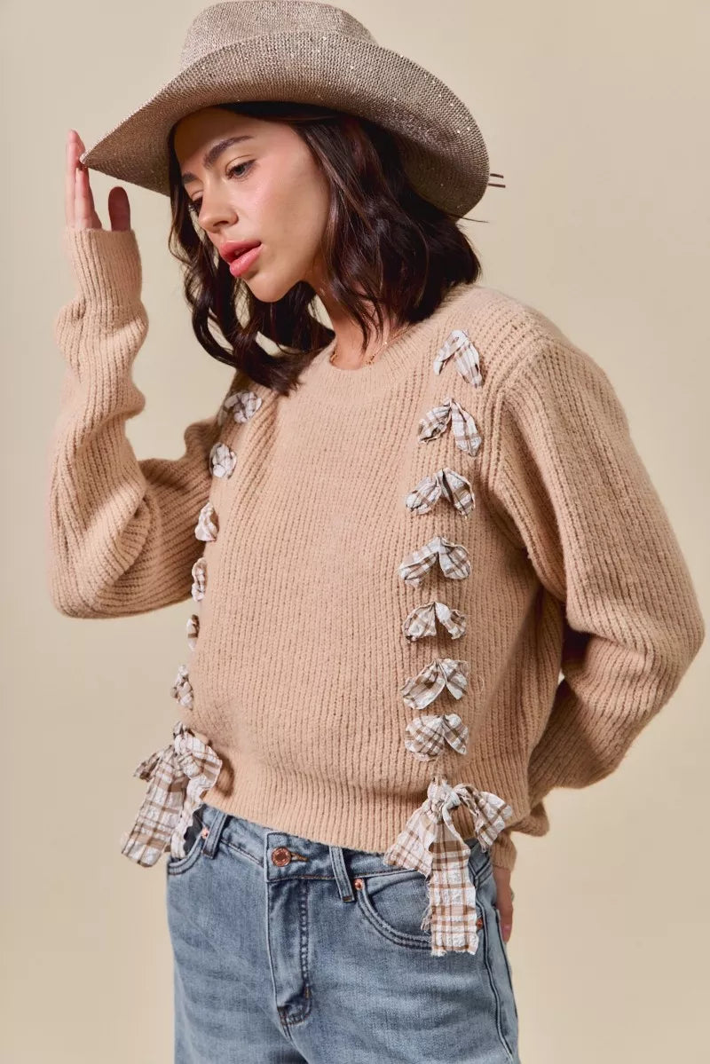 SO ME Checkered Plaid Tape Lace Up Ribbed Sweater-Sweaters-Trendsi-[option4]-[option5]-[option6]-[option7]-[option8]-Shop-Boutique-Clothing-for-Women-Online
