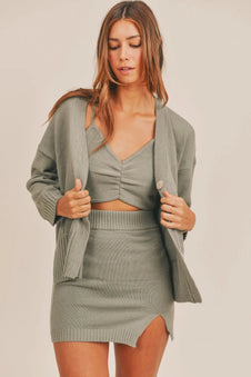 MABLE 3 Pieces Sweater Set with Crop Cami, Mini Skirt, Cardigan-sets-Trendsi-Dusty Olive-S/M-[option4]-[option5]-[option6]-[option7]-[option8]-Shop-Boutique-Clothing-for-Women-Online