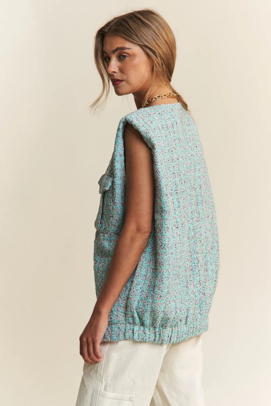 J.NNA Frayed Tweed Padded Shoulder Vest-Vest-Trendsi-[option4]-[option5]-[option6]-[option7]-[option8]-Shop-Boutique-Clothing-for-Women-Online