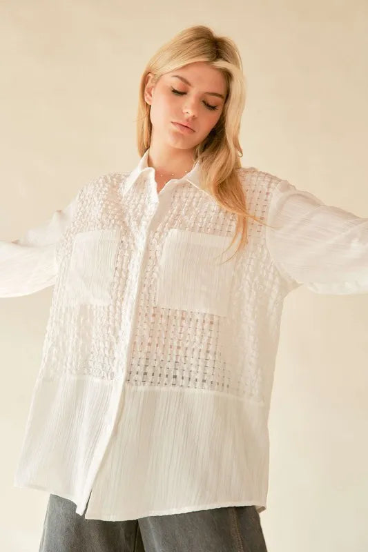 Davi & Dani Crinkled Jacquard Button Down Shirt-Blouses-Trendsi-[option4]-[option5]-[option6]-[option7]-[option8]-Shop-Boutique-Clothing-for-Women-Online