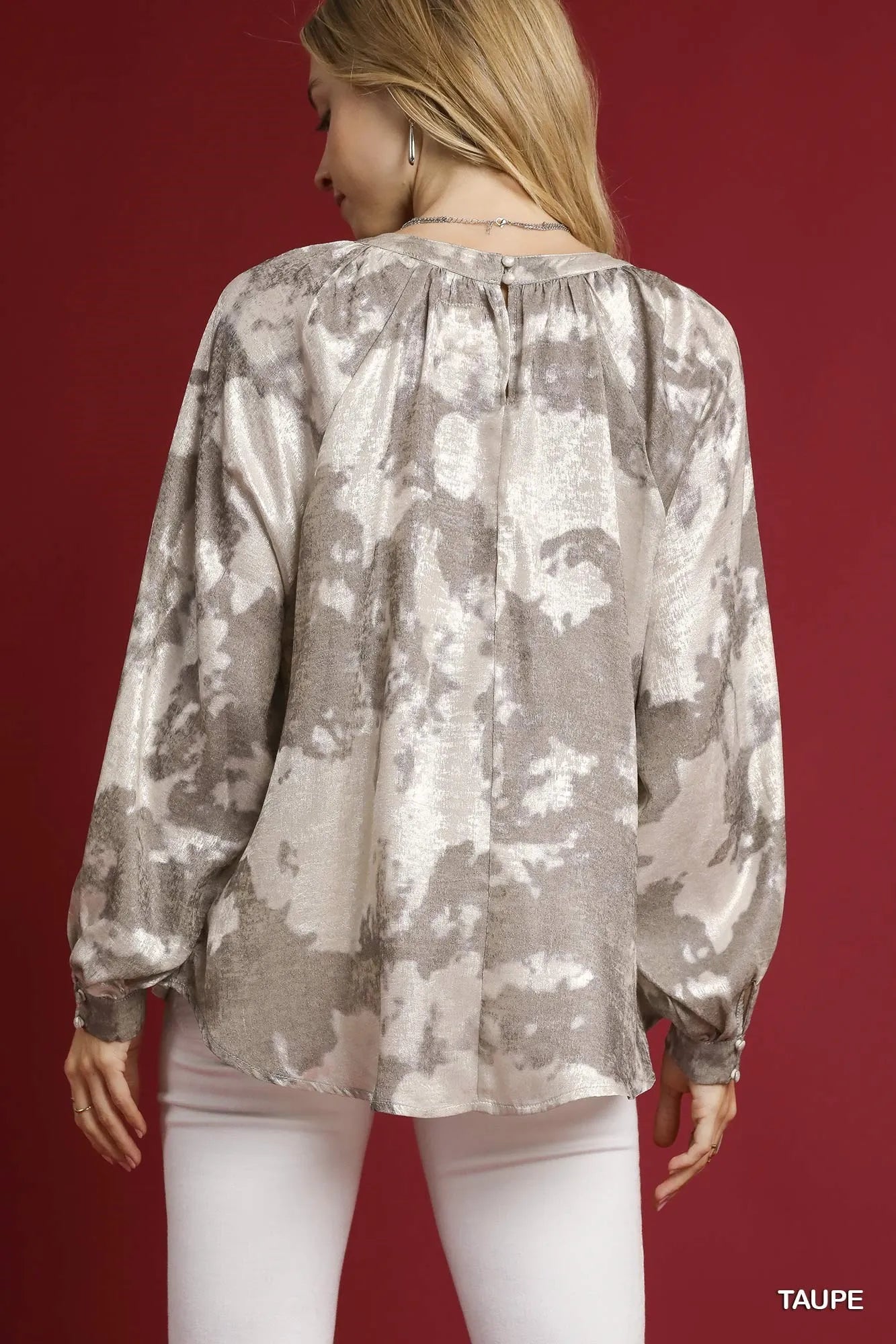 Umgee Full Size Metallic Fabric Blouse with Balloon Sleeves-Blouses-Trendsi-[option4]-[option5]-[option6]-[option7]-[option8]-Shop-Boutique-Clothing-for-Women-Online