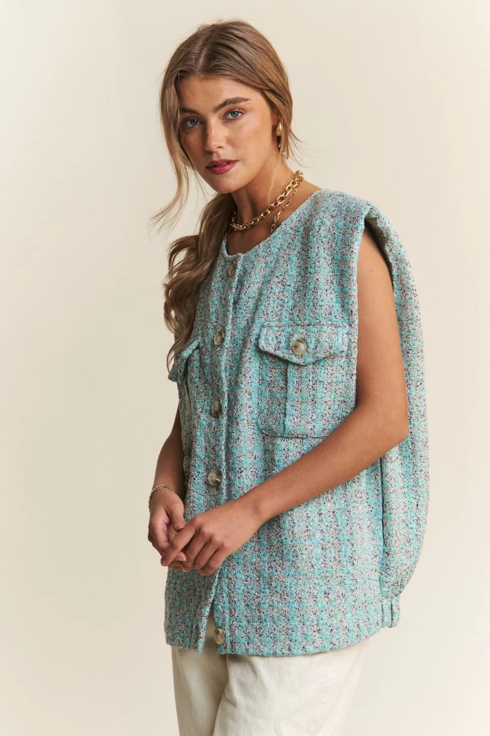 J.NNA Frayed Tweed Padded Shoulder Vest-Vest-Trendsi-[option4]-[option5]-[option6]-[option7]-[option8]-Shop-Boutique-Clothing-for-Women-Online