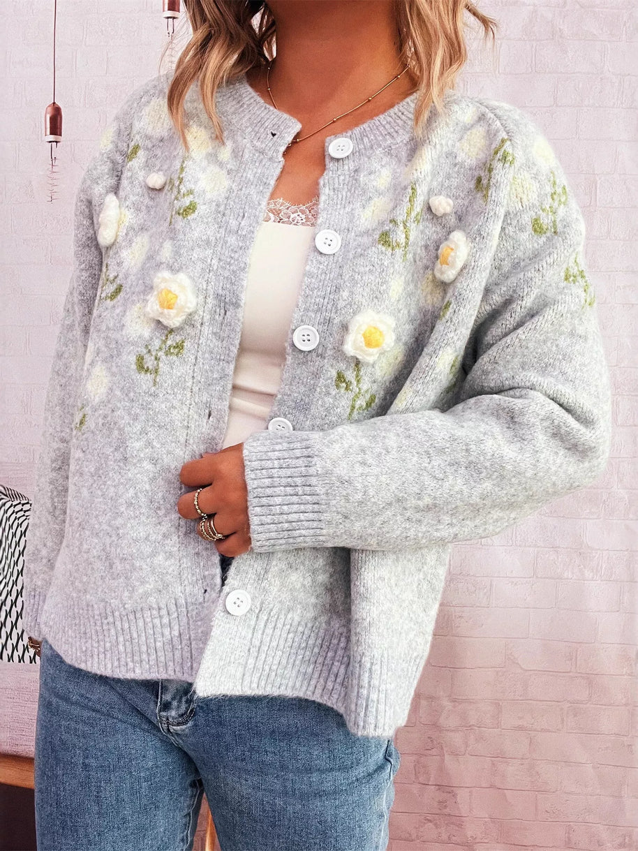Flower Button Up Long Sleeve Cardigan-Cardigan-Trendsi-[option4]-[option5]-[option6]-[option7]-[option8]-Shop-Boutique-Clothing-for-Women-Online