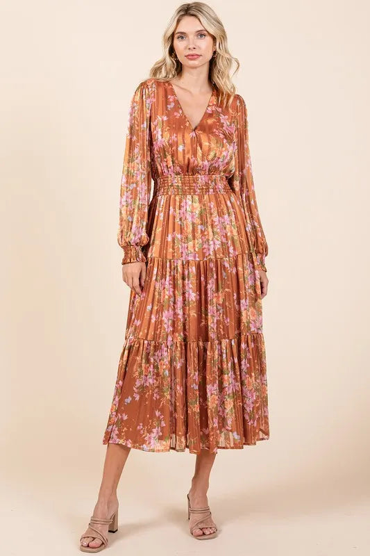 Mittoshop Flower Print Satin Lurex Stripe Smocked Midi Dress-Dresses-Trendsi-[option4]-[option5]-[option6]-[option7]-[option8]-Shop-Boutique-Clothing-for-Women-Online
