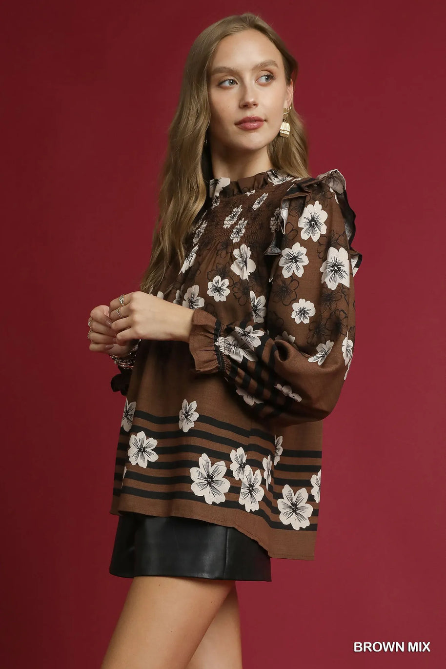 Umgee Full Size Mix Floral Smocked Ruffle Blouse-Blouses-Trendsi-[option4]-[option5]-[option6]-[option7]-[option8]-Shop-Boutique-Clothing-for-Women-Online