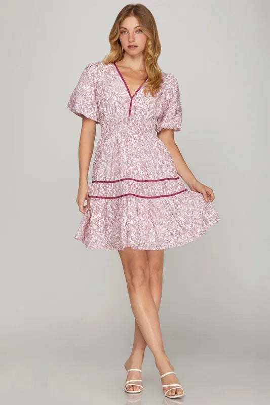 She + Sky Full Size Printed V-Neck Puff Sleeve Tiered Dress-Dresses-Trendsi-BERRY-S-[option4]-[option5]-[option6]-[option7]-[option8]-Shop-Boutique-Clothing-for-Women-Online