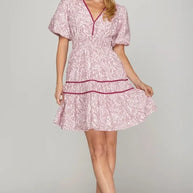 She + Sky Full Size Printed V-Neck Puff Sleeve Tiered Dress-Dresses-Trendsi-BERRY-S-[option4]-[option5]-[option6]-[option7]-[option8]-Shop-Boutique-Clothing-for-Women-Online