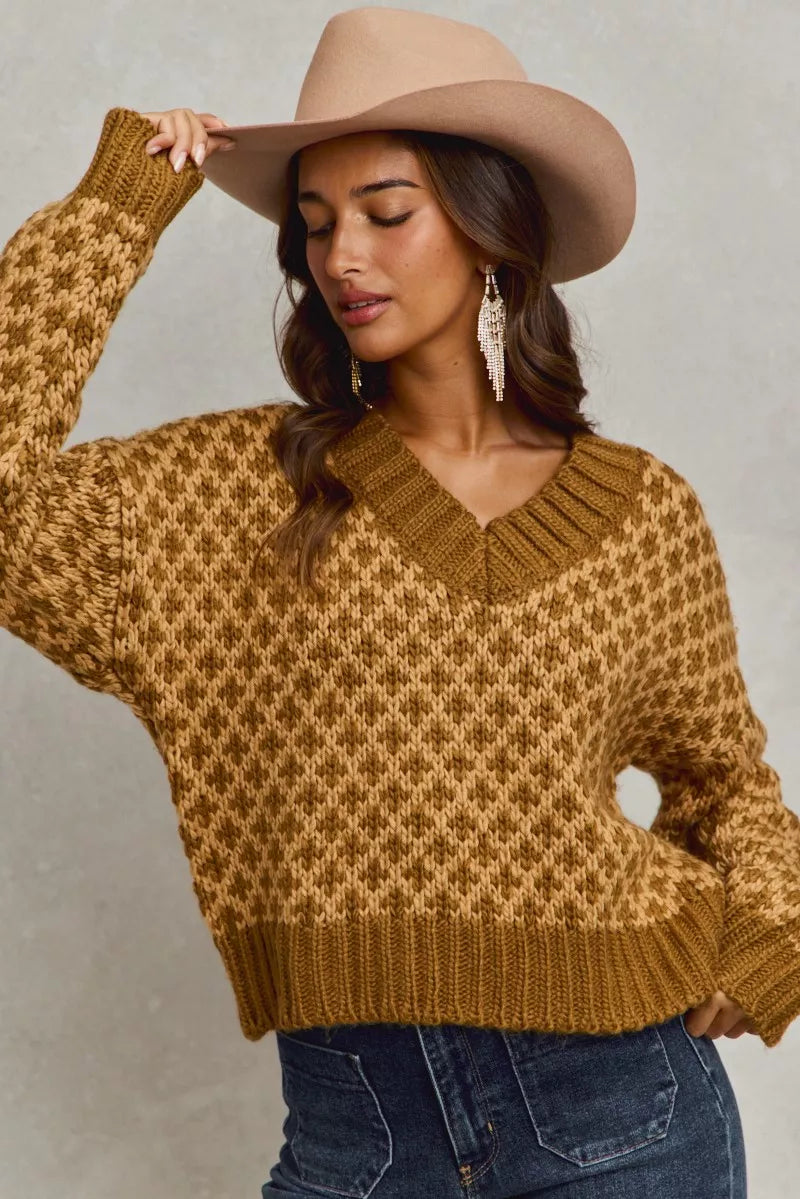 SO ME Color Block Textured Christmas Sweater V Neck Top-Sweaters-Trendsi-[option4]-[option5]-[option6]-[option7]-[option8]-Shop-Boutique-Clothing-for-Women-Online