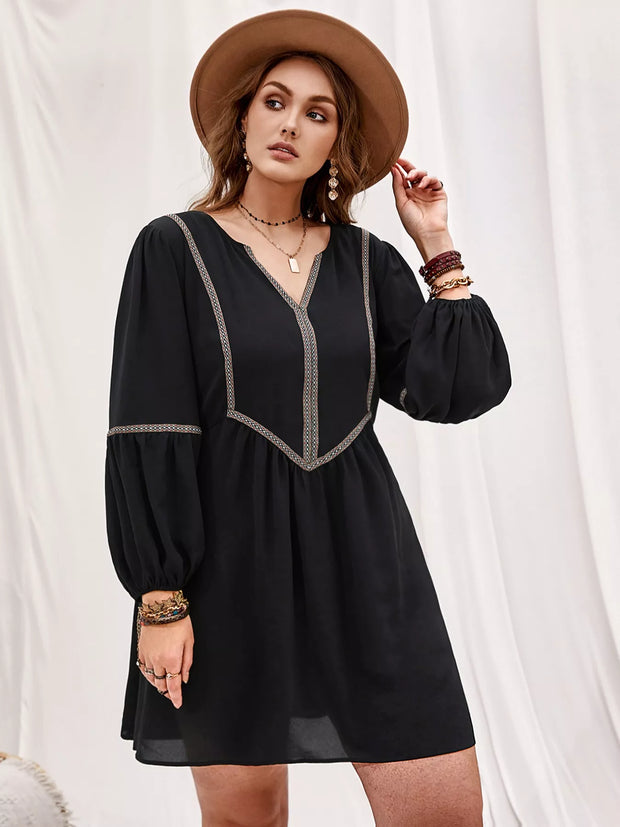 Plus Size Notched Balloon Sleeve Mini Dress-Dresses-Trendsi-Black-0XL-[option4]-[option5]-[option6]-[option7]-[option8]-Shop-Boutique-Clothing-for-Women-Online