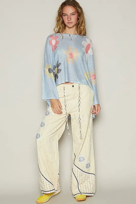 POL Flower Dropped Shoulder Long Sleeve Knit Top-knit top-Trendsi-[option4]-[option5]-[option6]-[option7]-[option8]-Shop-Boutique-Clothing-for-Women-Online