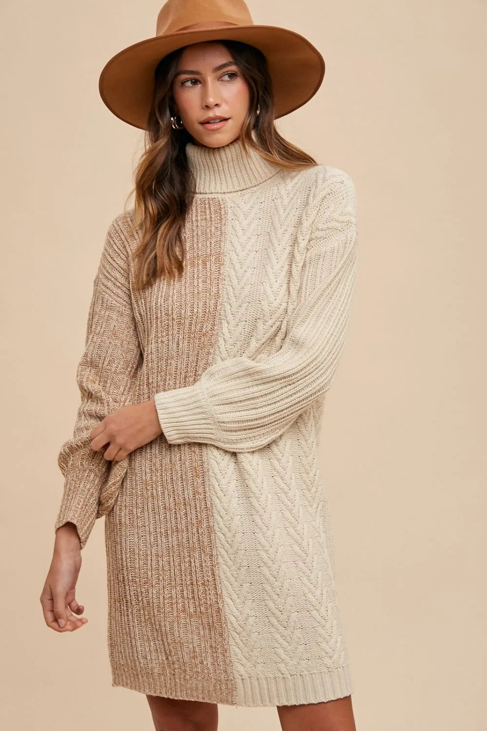 Annie Wear Color Block Turtleneck Sweater Dress-Dresses-Trendsi-Taupe-S-[option4]-[option5]-[option6]-[option7]-[option8]-Shop-Boutique-Clothing-for-Women-Online