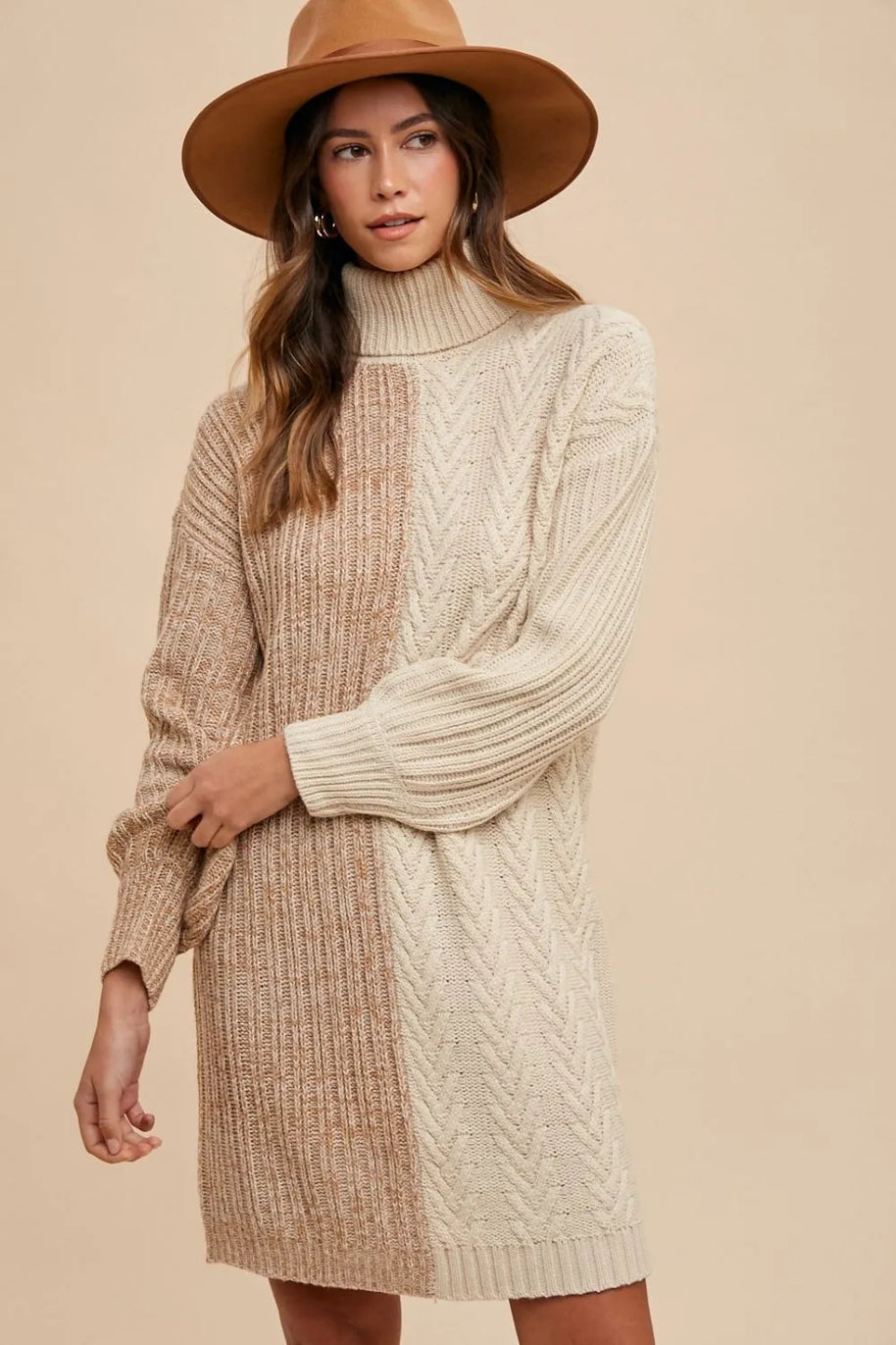 Annie Wear Color Block Turtleneck Sweater Dress-Dresses-Trendsi-Taupe-S-[option4]-[option5]-[option6]-[option7]-[option8]-Shop-Boutique-Clothing-for-Women-Online