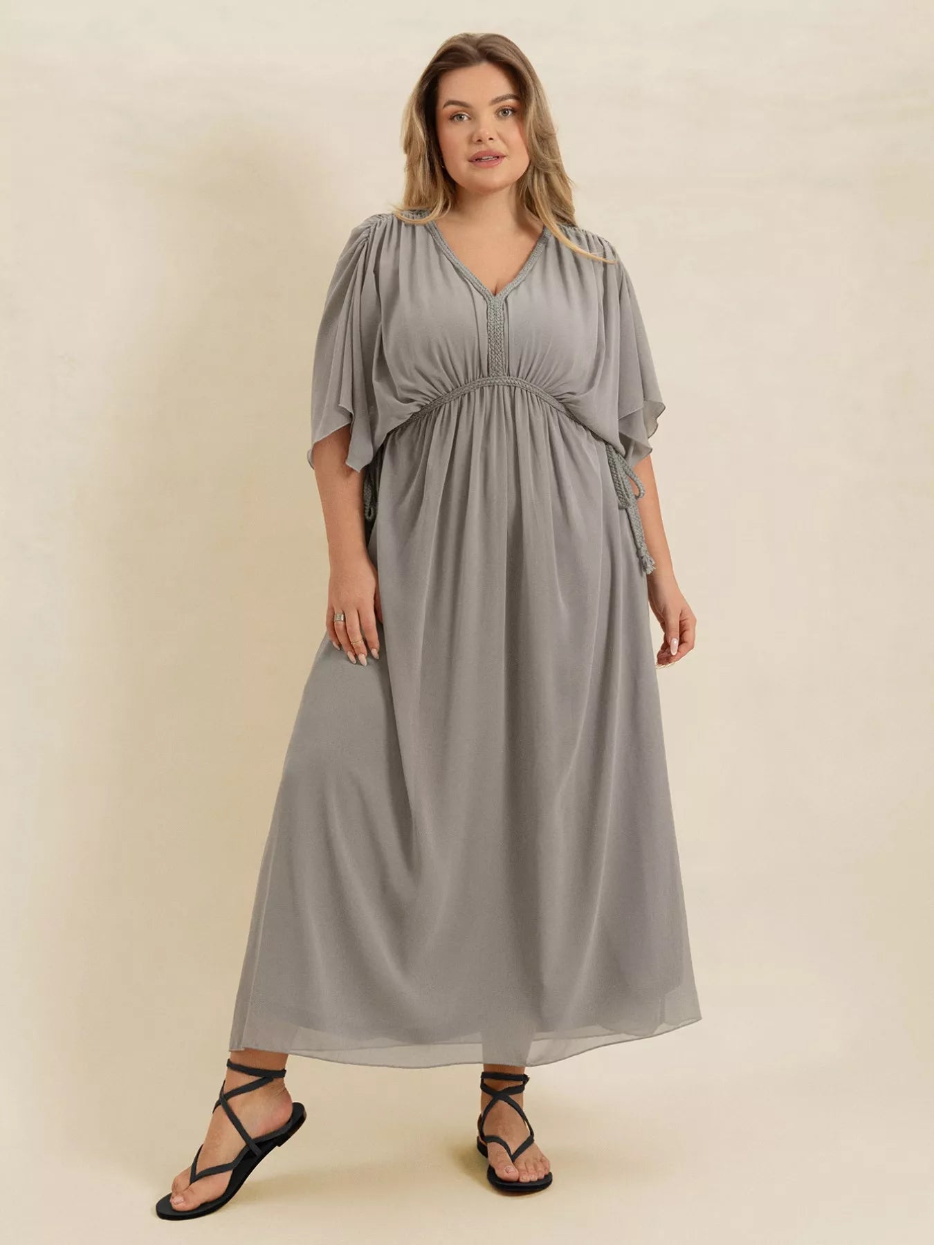 Plus Size V-Neck Flutter Sleeve Dress-Dresses-Trendsi-Gray-0XL-[option4]-[option5]-[option6]-[option7]-[option8]-Shop-Boutique-Clothing-for-Women-Online
