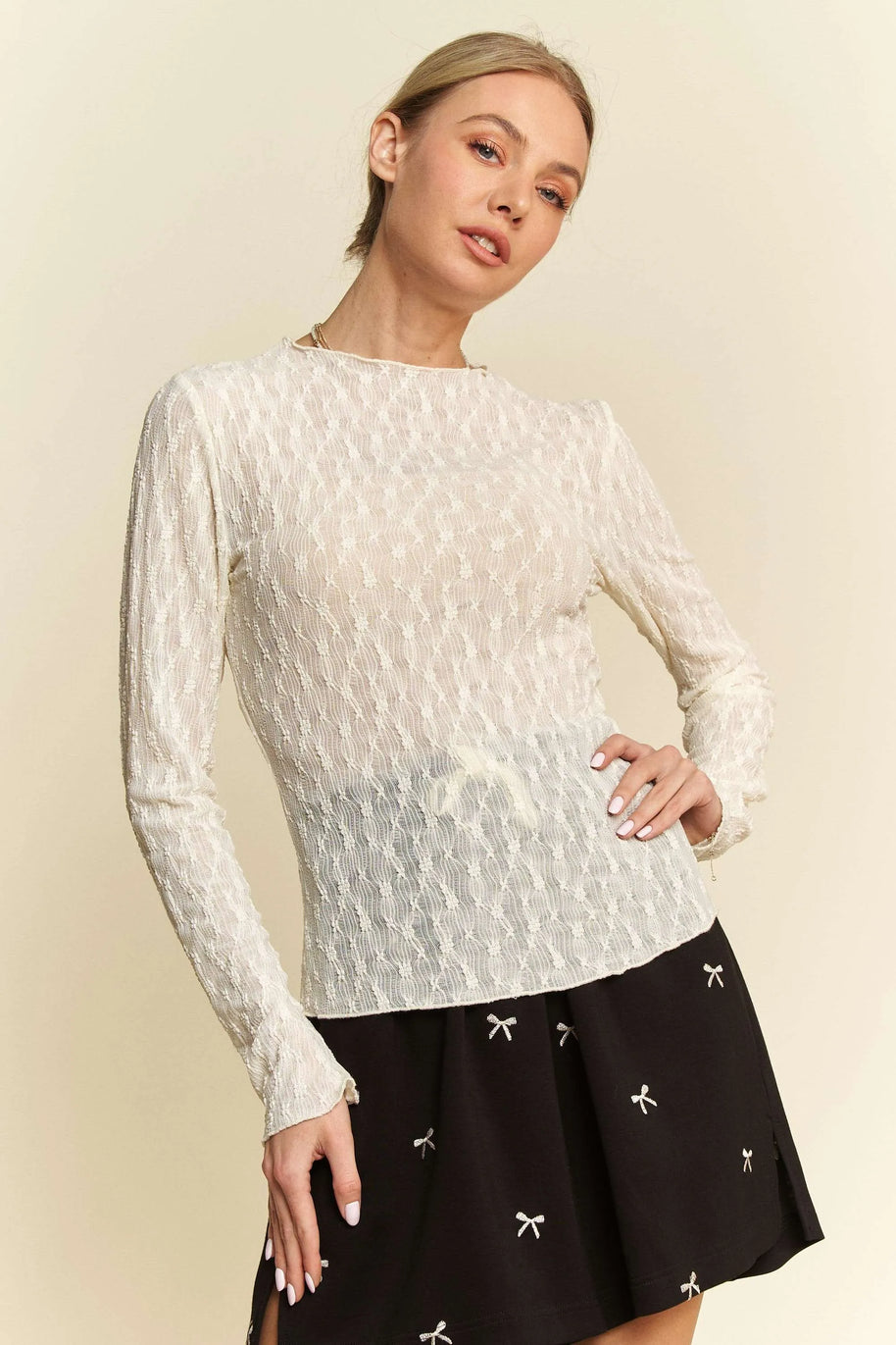 Davi & Dani Long Sleeve Sheer Small Embroidered Bows Lace Top-Top-Trendsi-[option4]-[option5]-[option6]-[option7]-[option8]-Shop-Boutique-Clothing-for-Women-Online